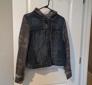 Mudd Blue Denim Jacket with Gray Camo Hoodie Sleeves